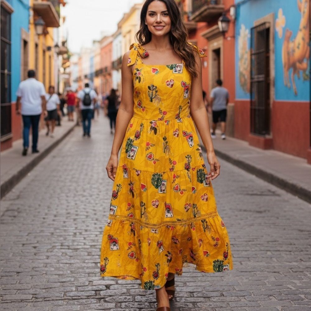 Emily Lovelock Yellow Mexico City Frida Print Tie Shoulder Midi Dress XS